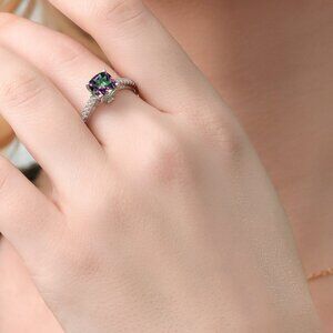 Sterling Silver Mystic Topaz w Sapphire Accents Dainty Promise Engagement Ring